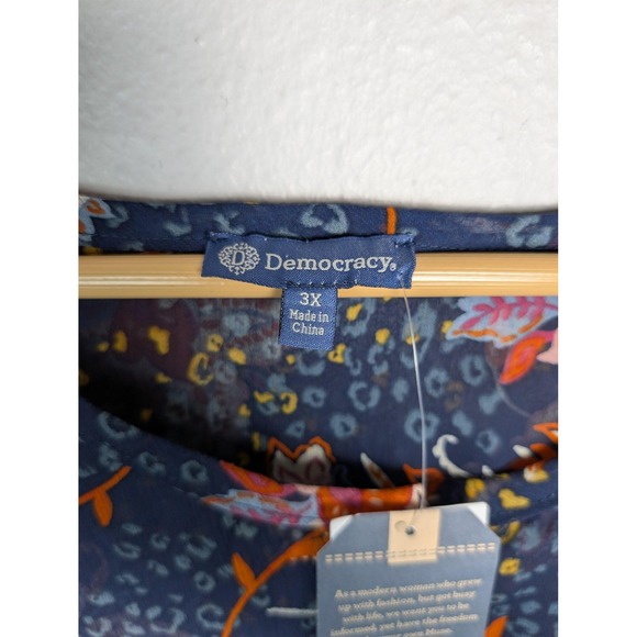 Democracy Shirt Womens 3X Blue Floral‎ Sheer Henley Tunic Top Long Sleeve Boho - Picture 3 of 9